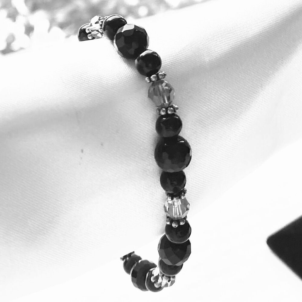 OM# Lovely Sterling 925 Silver with ONYX , Amber& Crystals 7” Bracelet